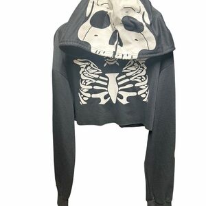 SHEIN Black Cropped Hoodie with White Skeleton Print